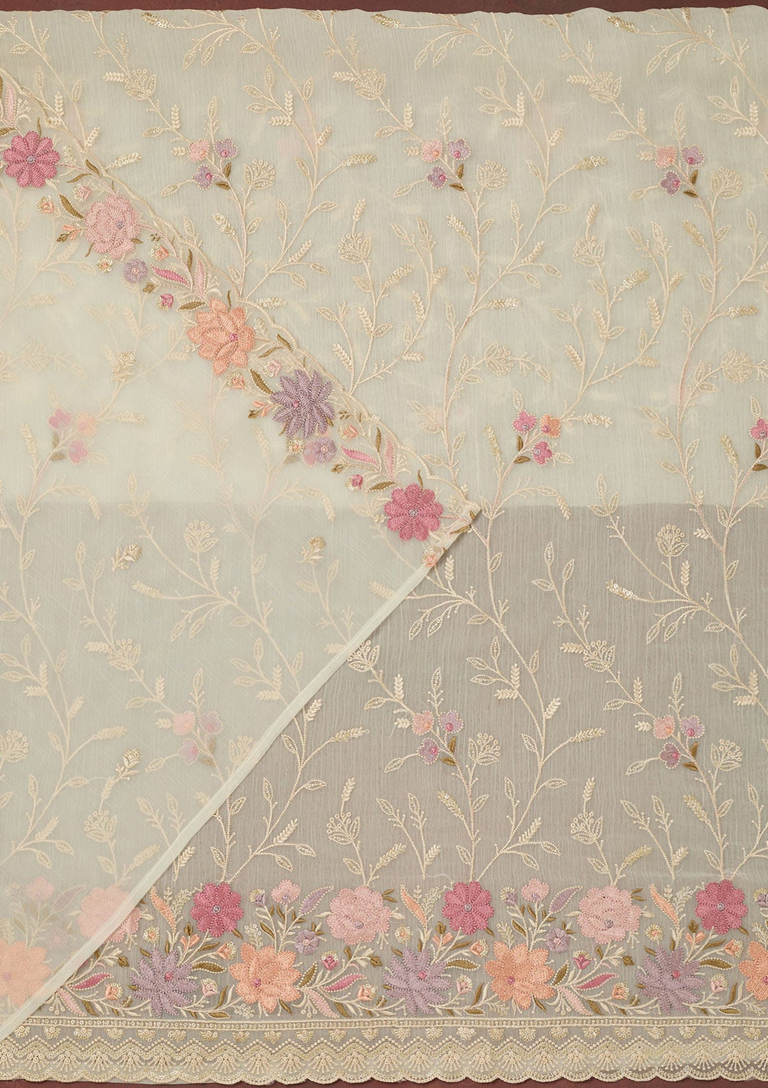 Off White Threadwork Georgette Unstitched Salwar Suit-Koskii