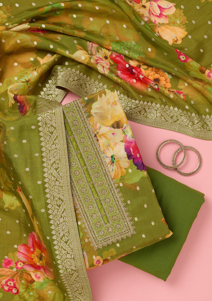 Parrot Green Zariwork Dola Silk Unstitched Salwar Suit-koskii