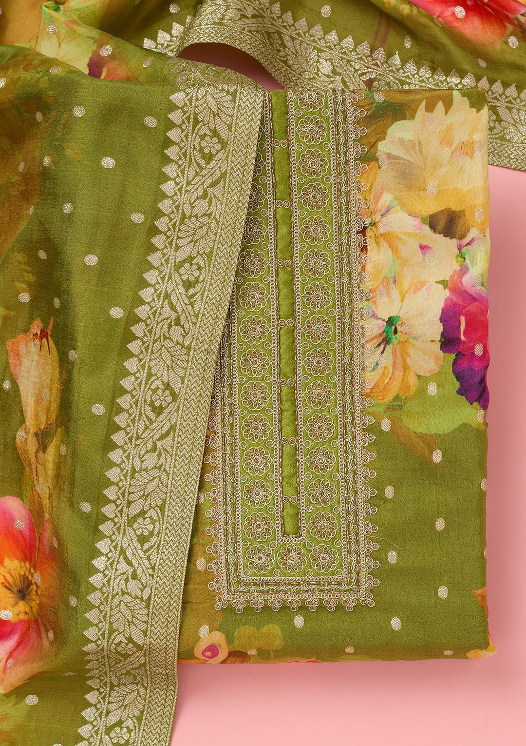 Parrot Green Zariwork Dola Silk Unstitched Salwar Suit-koskii