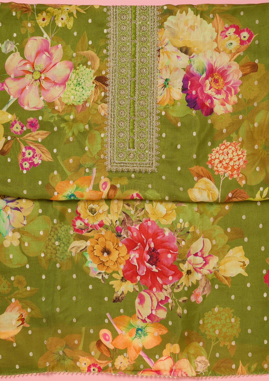 Parrot Green Zariwork Dola Silk Unstitched Salwar Suit-koskii