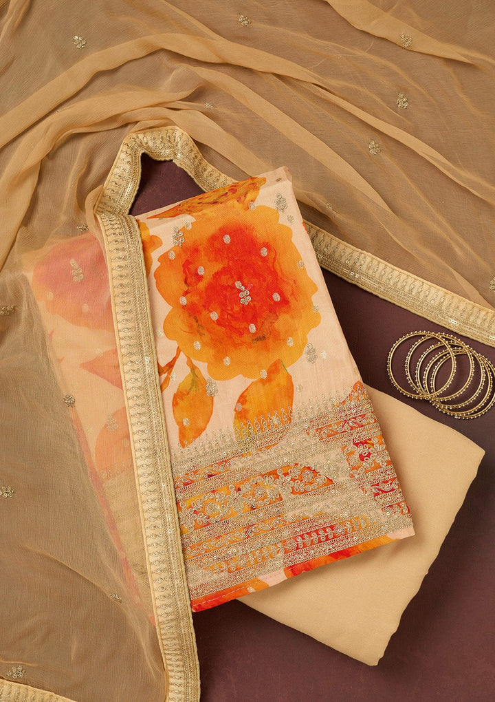 Cream Zariwork Dola Silk Unstitched Salwar Suit-koskii