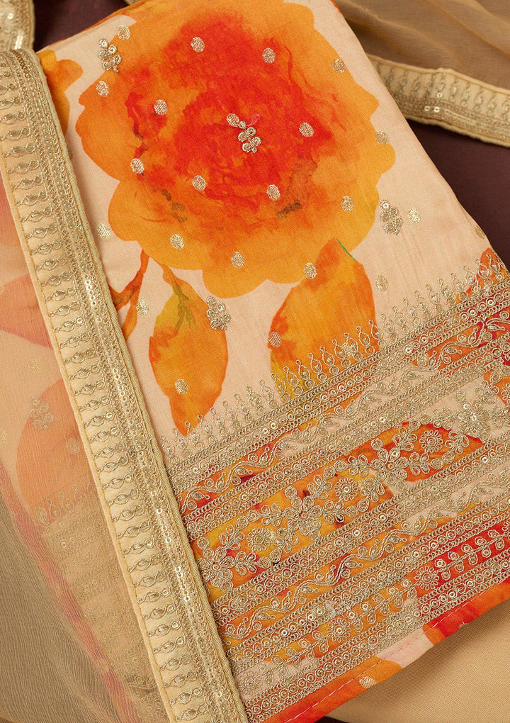 Cream Zariwork Dola Silk Unstitched Salwar Suit-koskii