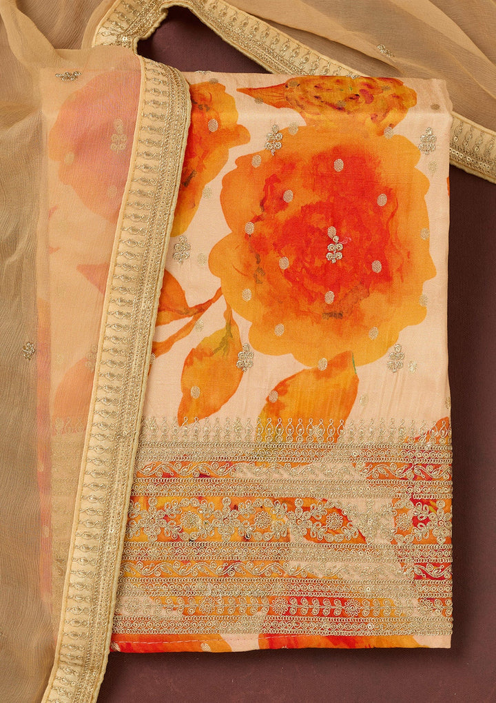 Cream Zariwork Dola Silk Unstitched Salwar Suit-koskii