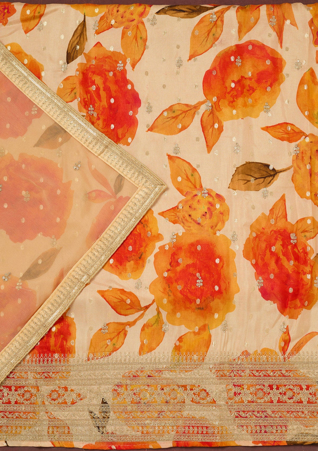 Cream Zariwork Dola Silk Unstitched Salwar Suit-koskii