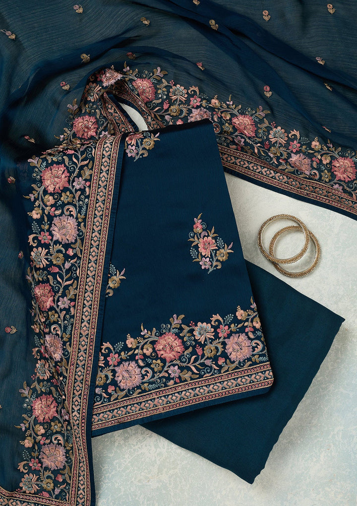 Navy Blue Kashmiri Chinon Unstitched Salwar Suit-koskii