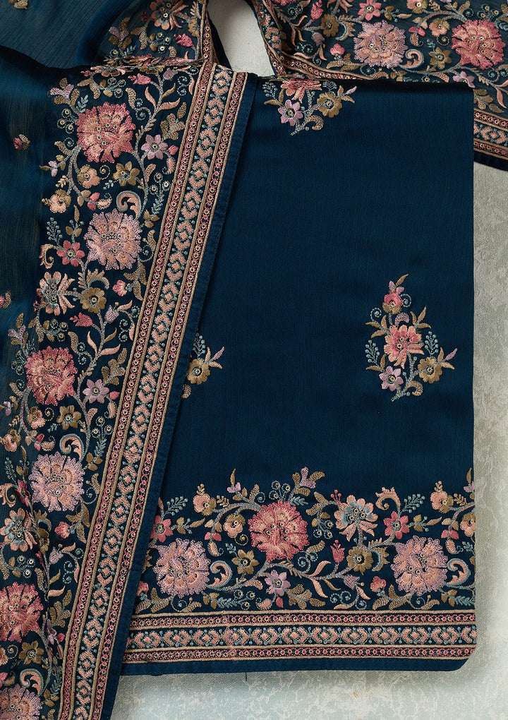 Navy Blue Kashmiri Chinon Unstitched Salwar Suit-koskii