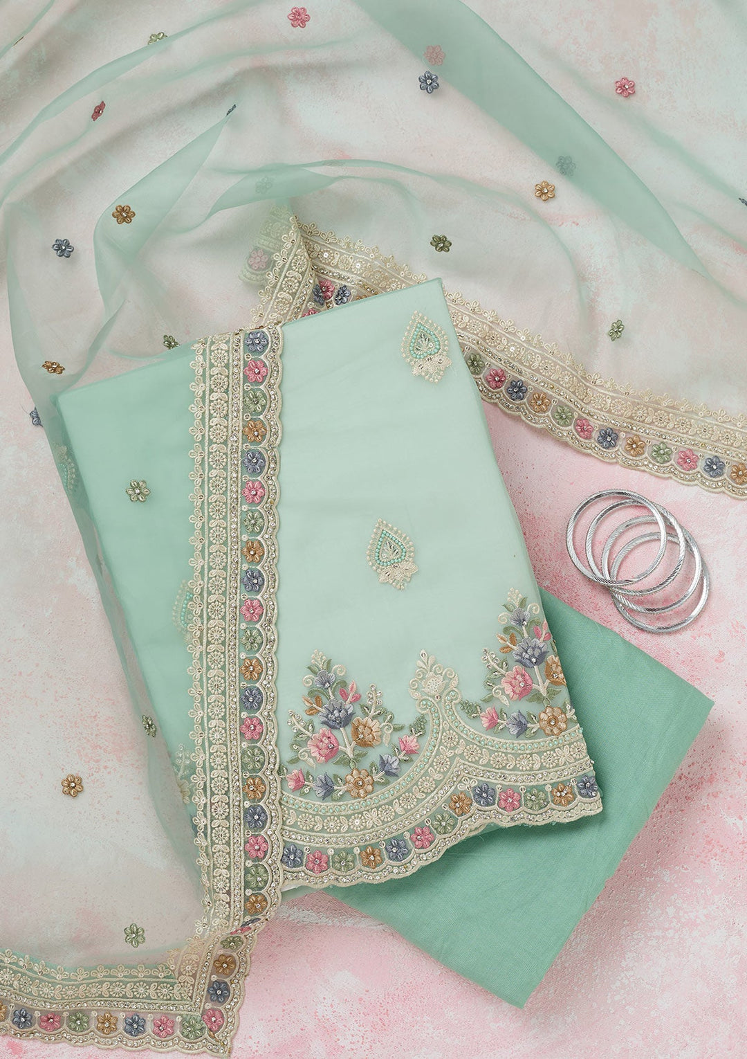 Sea Green Threadwork Semi Crepe Unstitched Salwar Suit-koskii