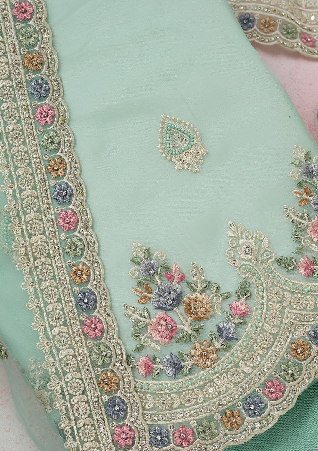 Sea Green Threadwork Semi Crepe Unstitched Salwar Suit-koskii