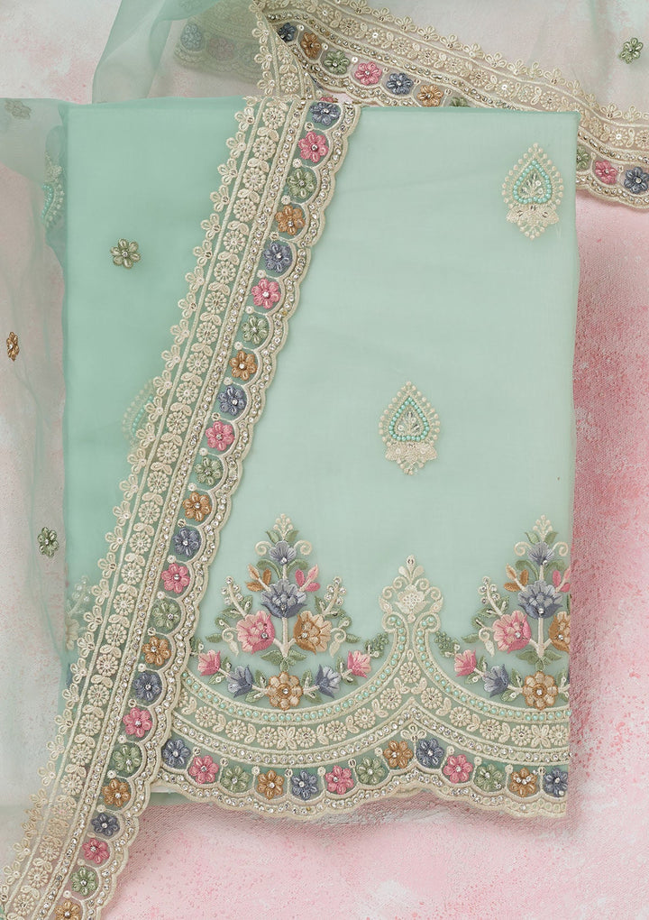Sea Green Threadwork Semi Crepe Unstitched Salwar Suit-koskii