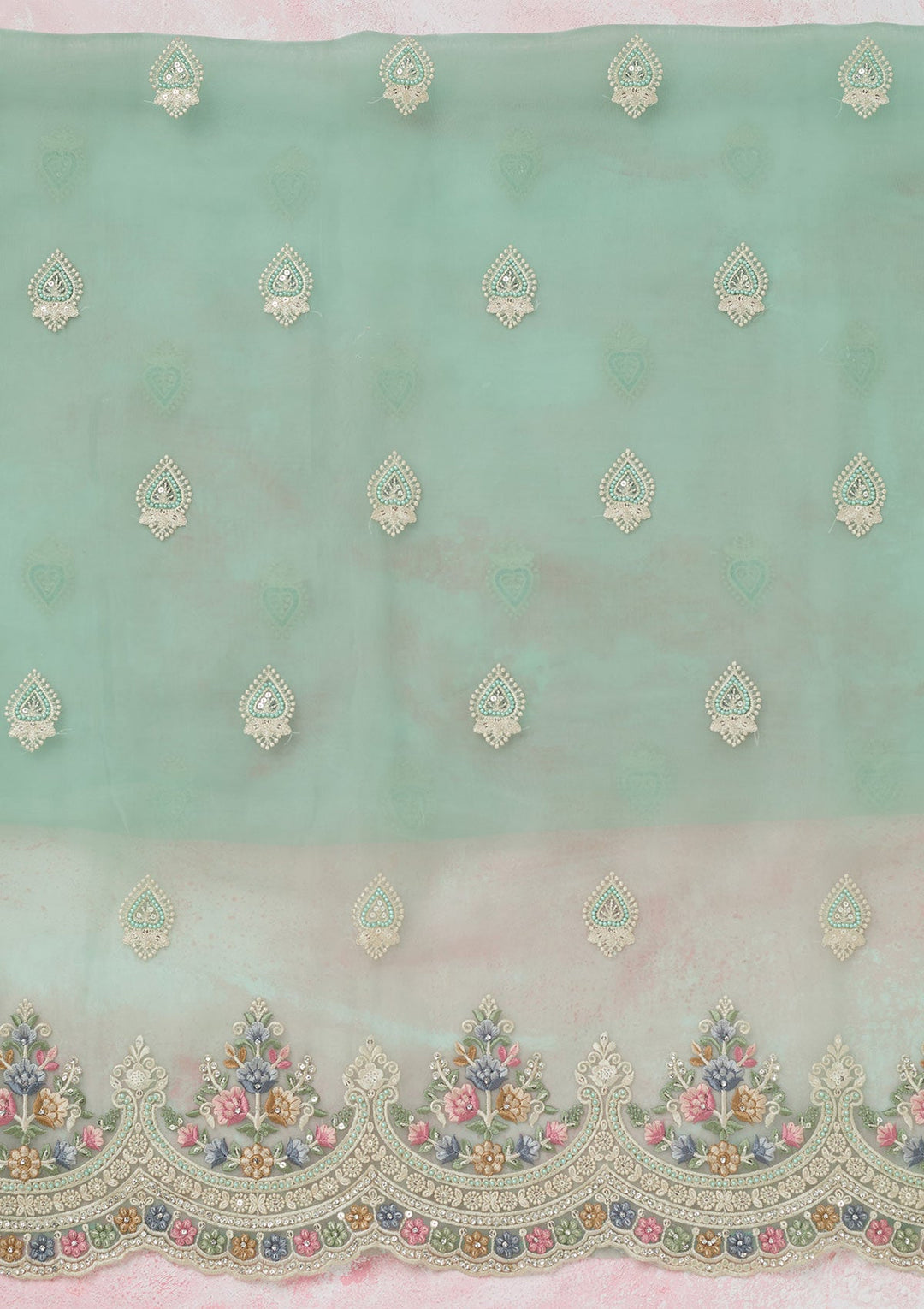 Sea Green Threadwork Semi Crepe Unstitched Salwar Suit-koskii