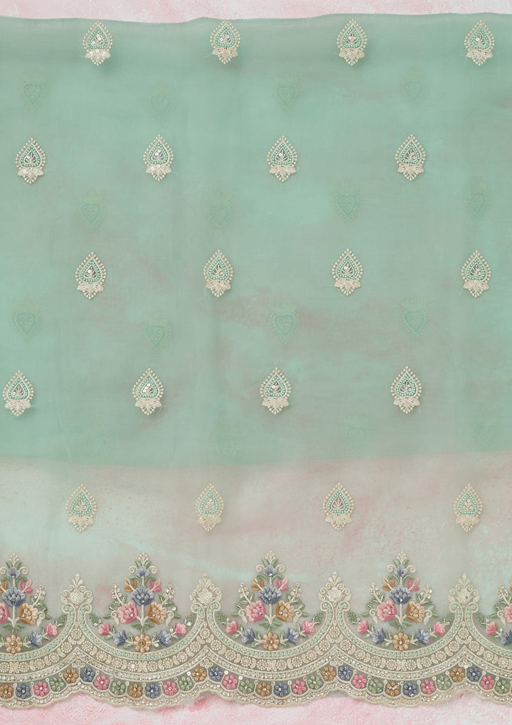 Sea Green Threadwork Semi Crepe Unstitched Salwar Suit-koskii