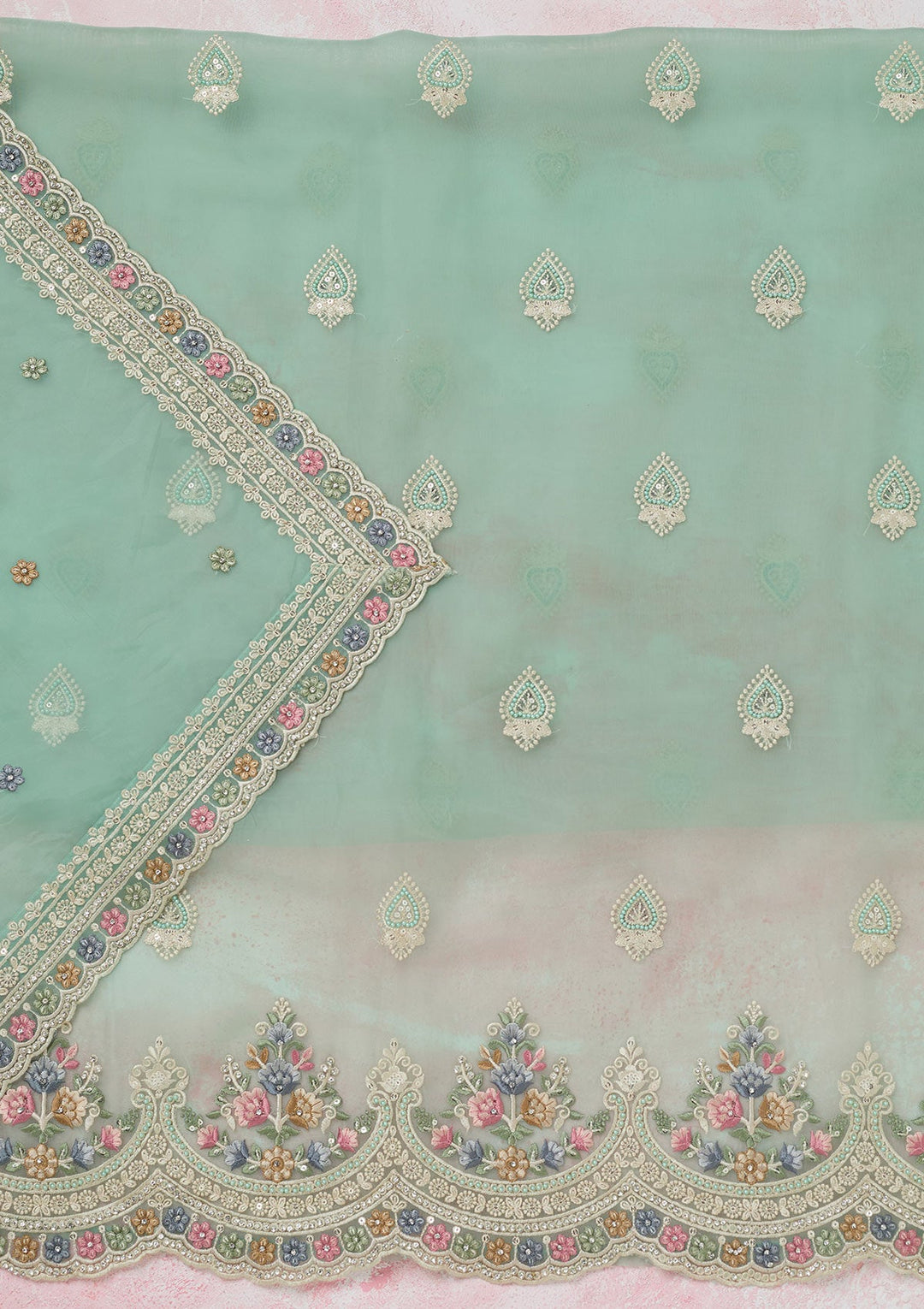 Sea Green Threadwork Semi Crepe Unstitched Salwar Suit-koskii