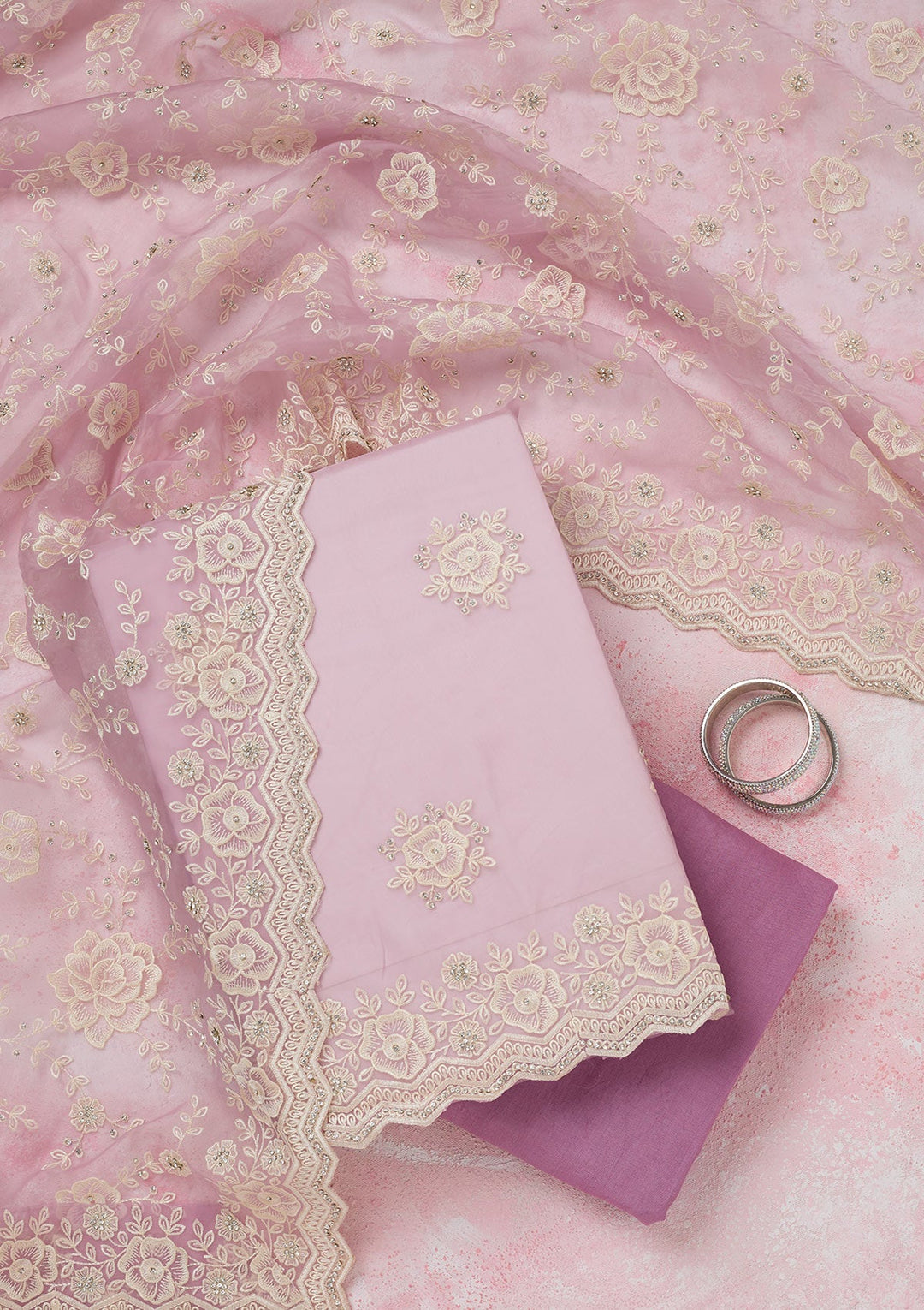 Lavender Threadwork Semi Crepe Unstitched Salwar Suit-koskii