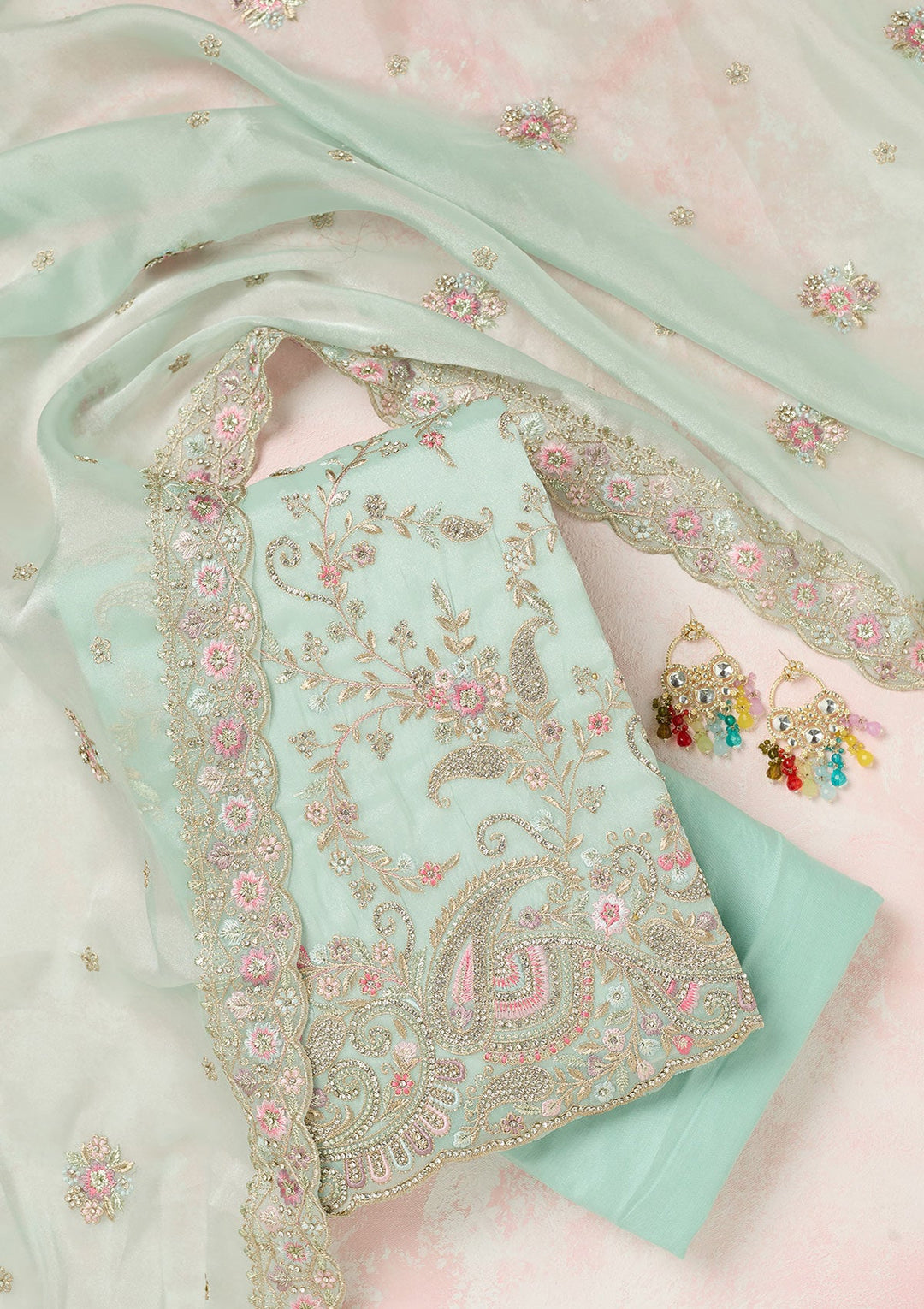 Sea Green Stonework Semi Crepe Unstitched Salwar Suit-Koskii