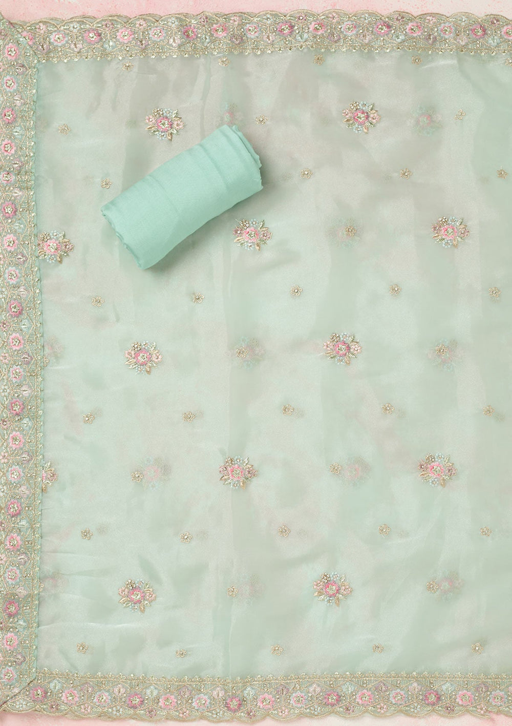 Sea Green Stonework Semi Crepe Unstitched Salwar Suit-Koskii