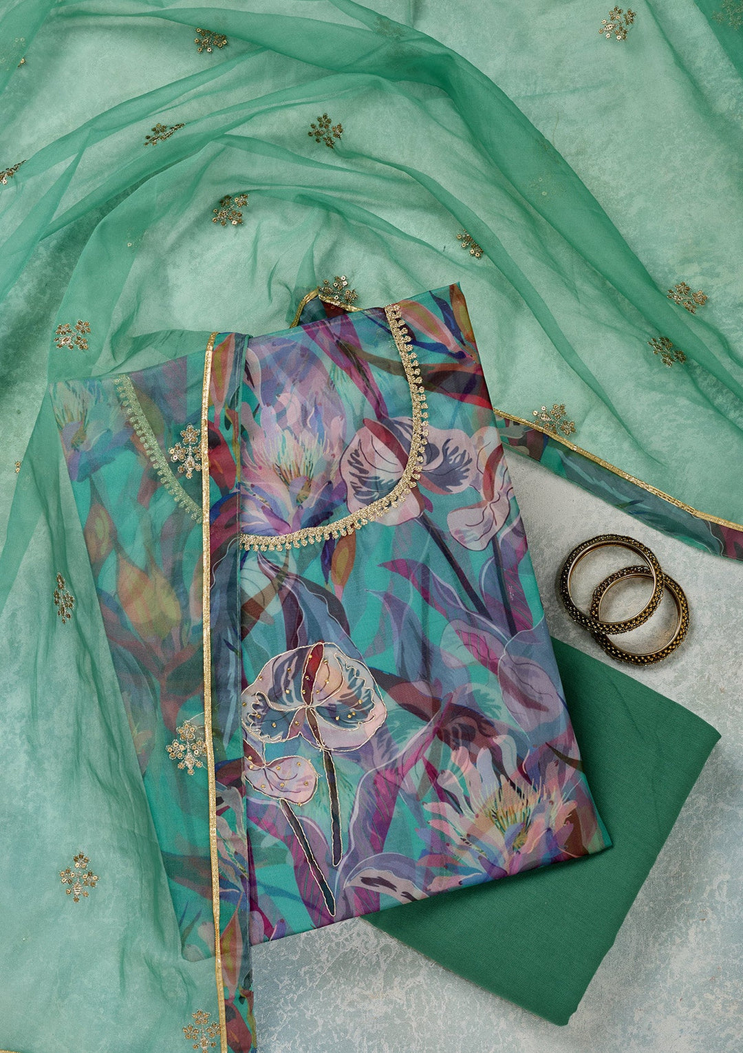 Multi Zariwork (Gold) Organza Unstitched Salwar Suit-Koskii