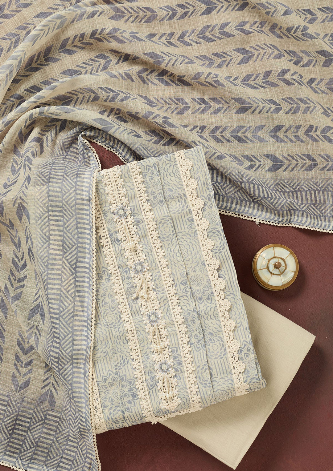 Light Grey Threadwork Cotton Unstitched Salwar Suit-Koskii