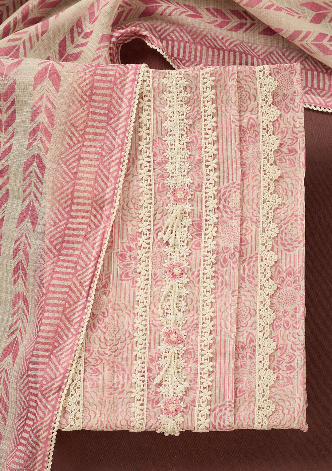 Onion Pink Zariwork Cotton Unstitched Salwar Suit-koskii