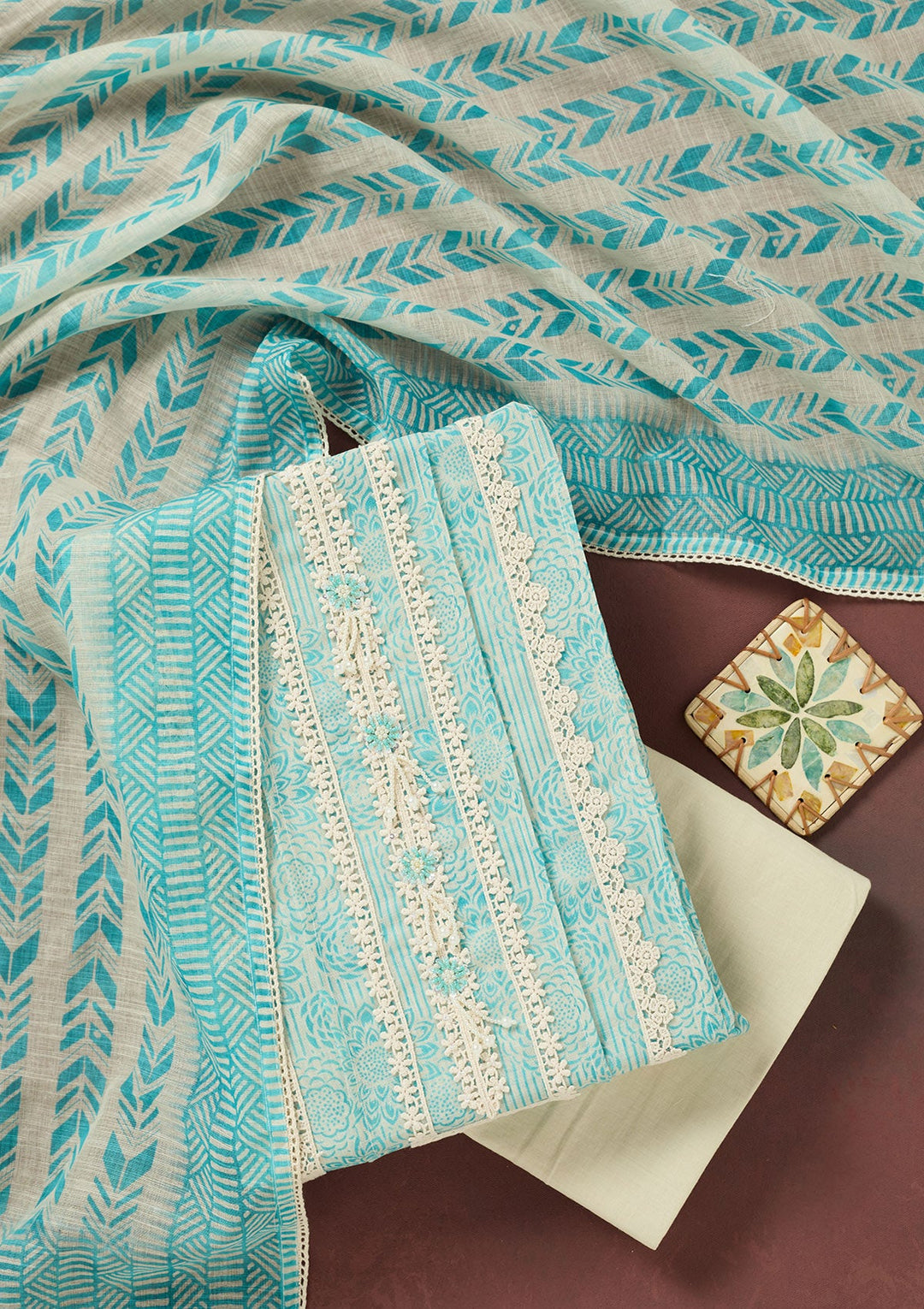 Sea Green Threadwork Cotton Unstitched Salwar Suit-Koskii