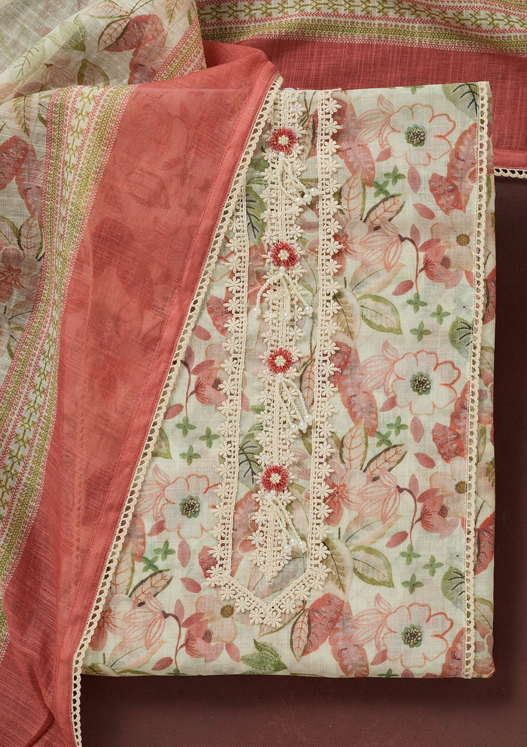 Rust Zariwork (Gold) Cotton Unstitched Salwar Suit-koskii