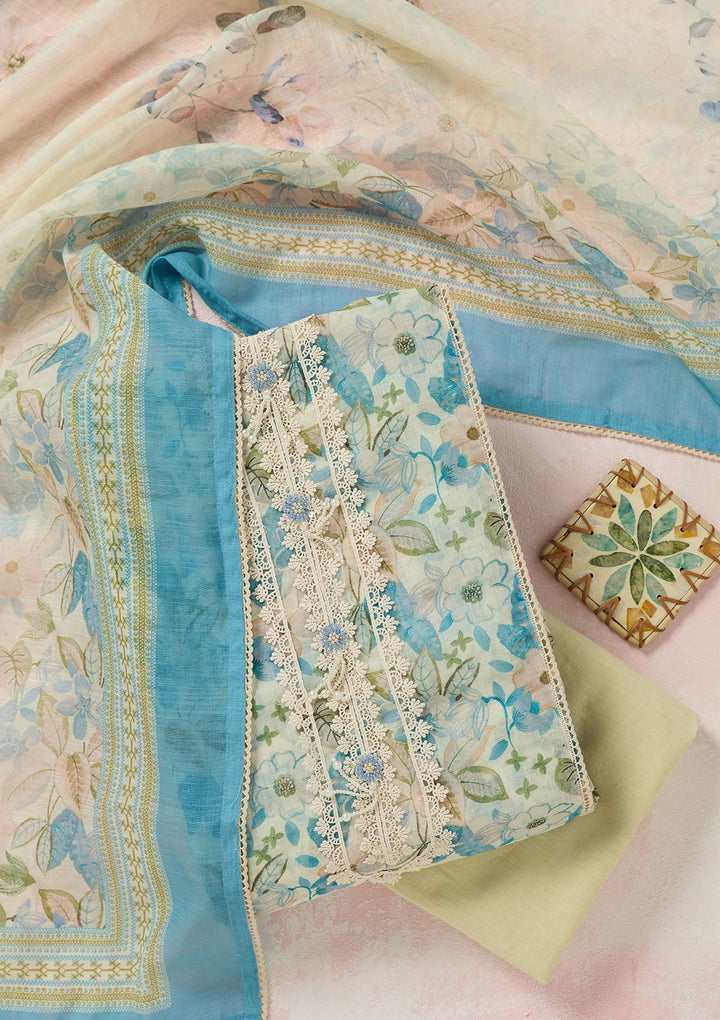 Turquoise Blue Threadwork Linen Unstitched Salwar Suit-koskii