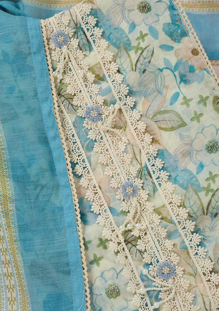 Turquoise Blue Threadwork Linen Unstitched Salwar Suit-koskii