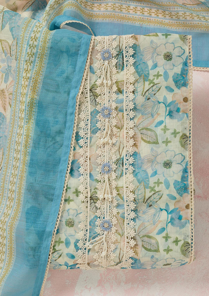 Turquoise Blue Threadwork Linen Unstitched Salwar Suit-koskii