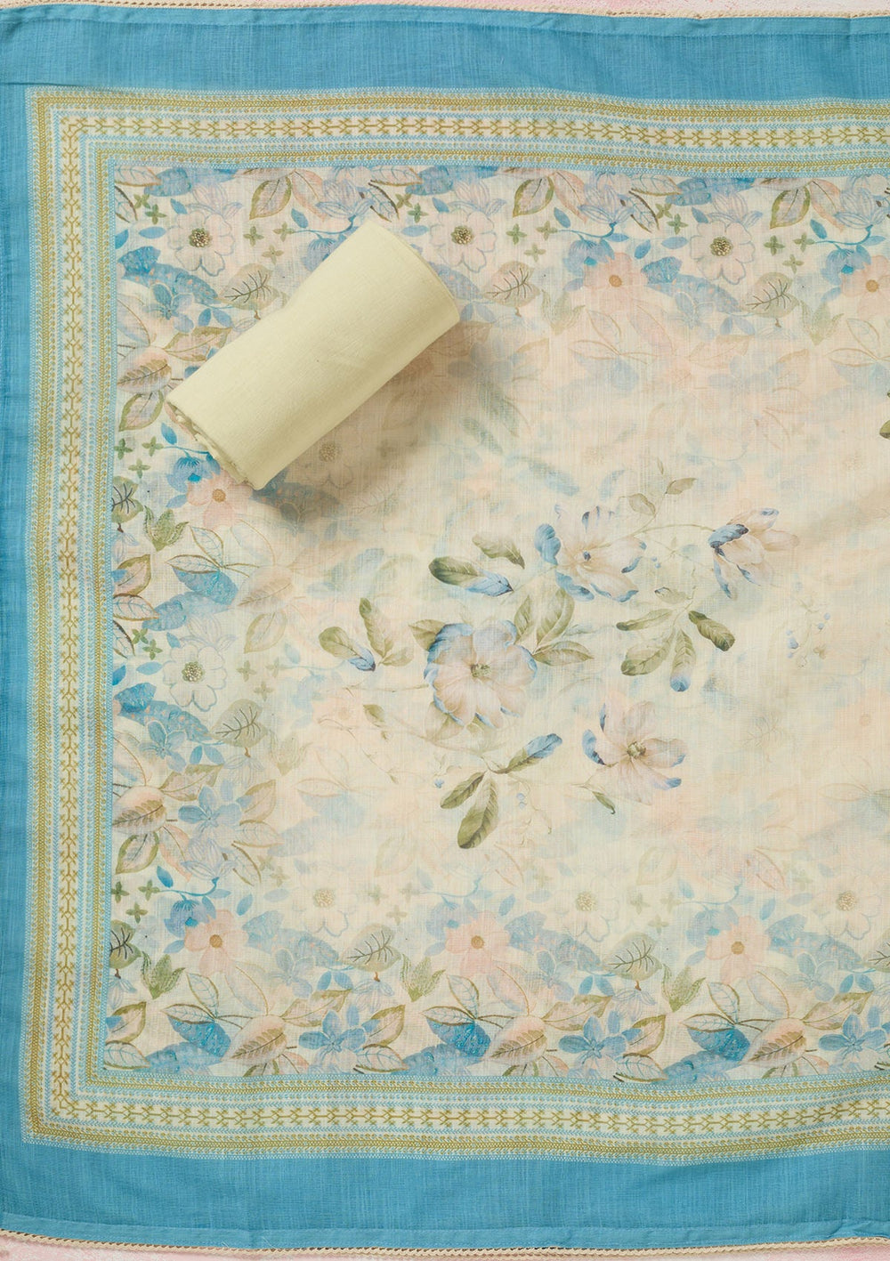 Turquoise Blue Threadwork Linen Unstitched Salwar Suit-koskii