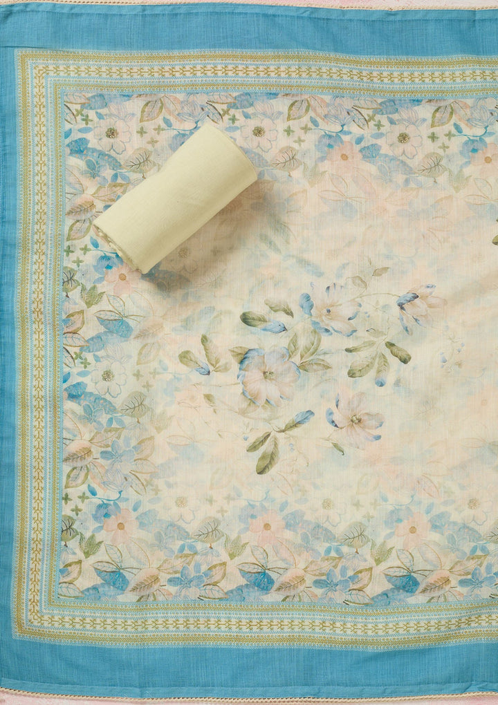 Turquoise Blue Threadwork Linen Unstitched Salwar Suit-koskii