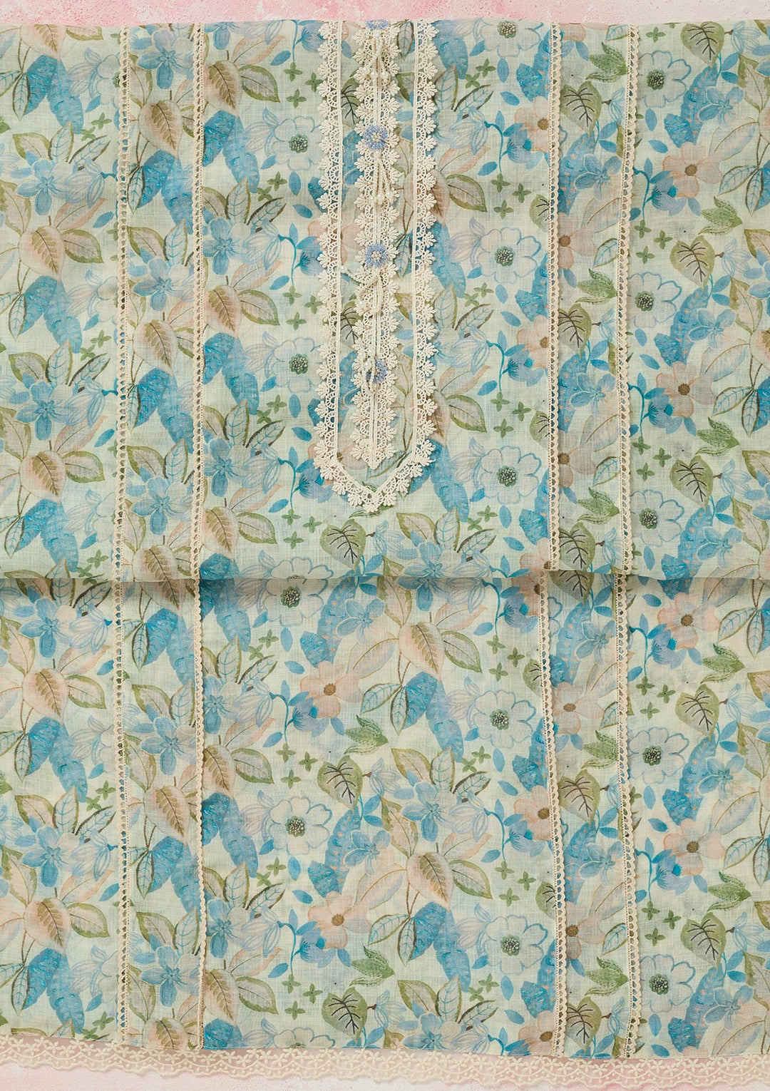 Turquoise Blue Threadwork Linen Unstitched Salwar Suit-koskii