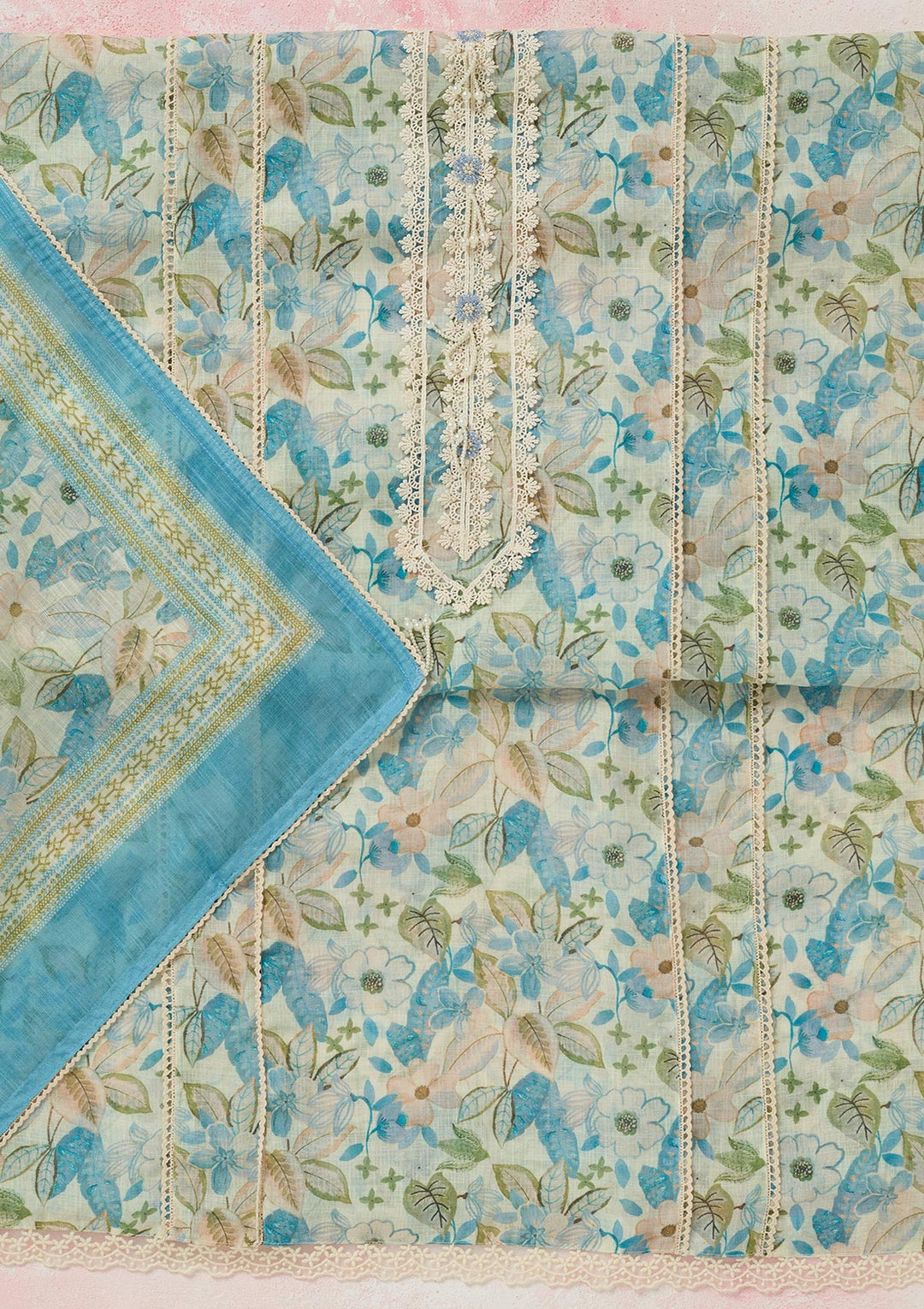 Turquoise Blue Threadwork Linen Unstitched Salwar Suit-koskii