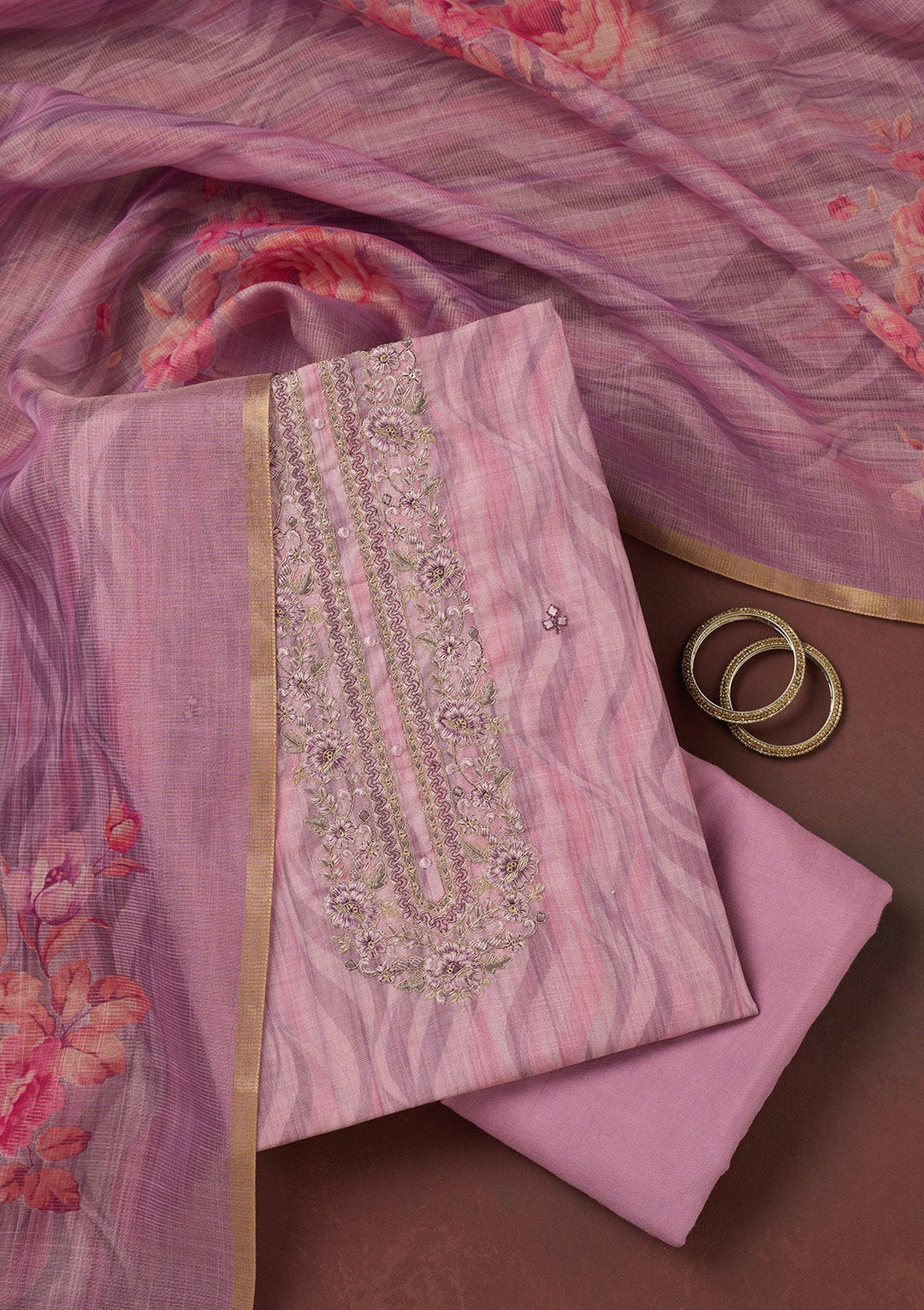 Lavender Threadwork Linen Unstitched Salwar Suit-koskii