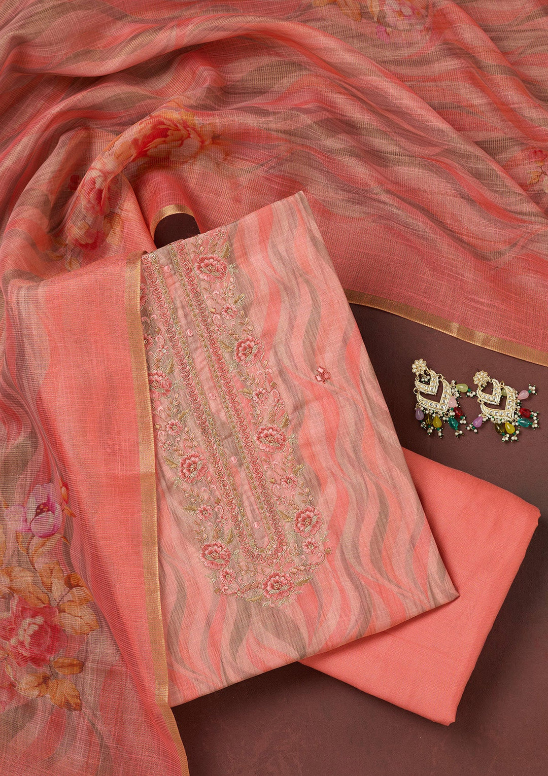Peach Threadwork Linen Unstitched Salwar Suit-koskii