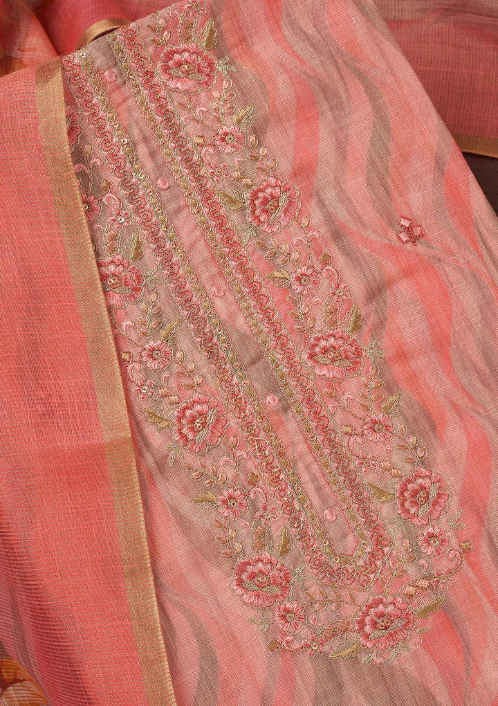 Peach Threadwork Linen Unstitched Salwar Suit-koskii