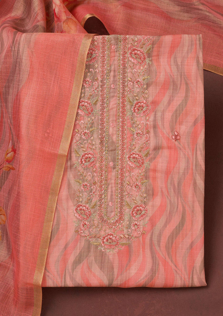 Peach Threadwork Linen Unstitched Salwar Suit-koskii