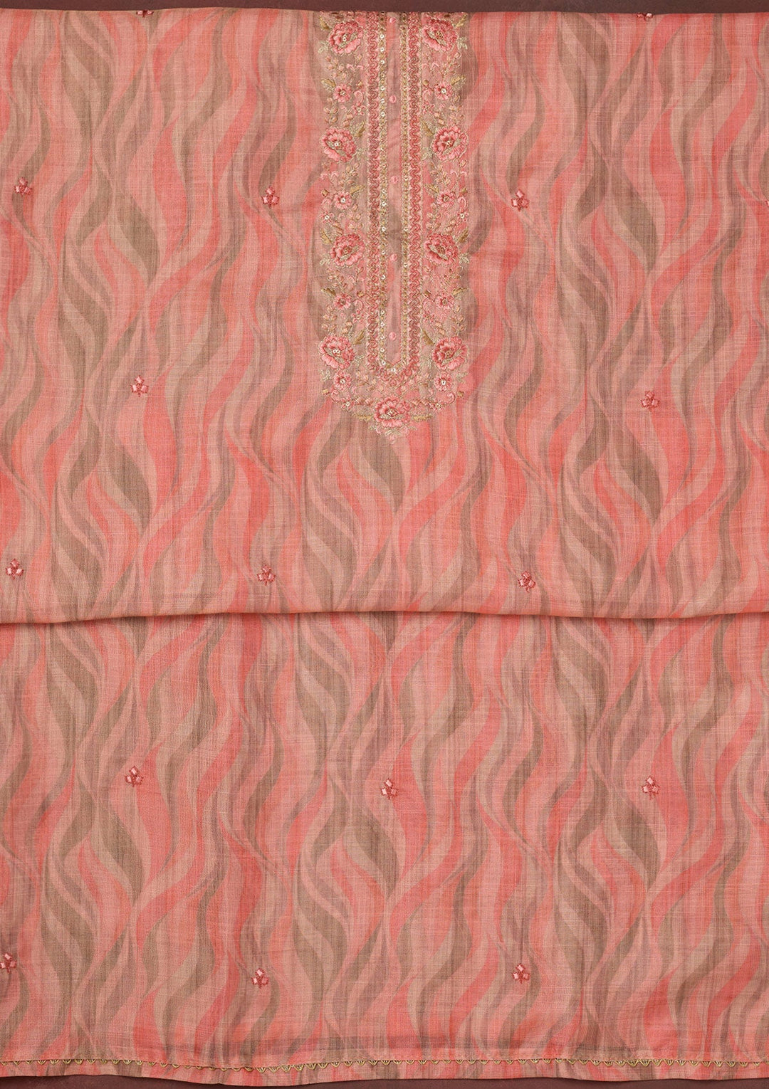 Peach Threadwork Linen Unstitched Salwar Suit-koskii