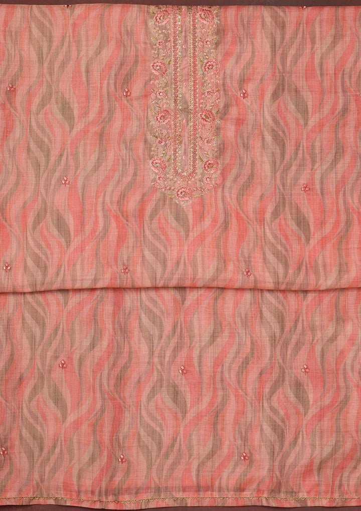 Peach Threadwork Linen Unstitched Salwar Suit-koskii