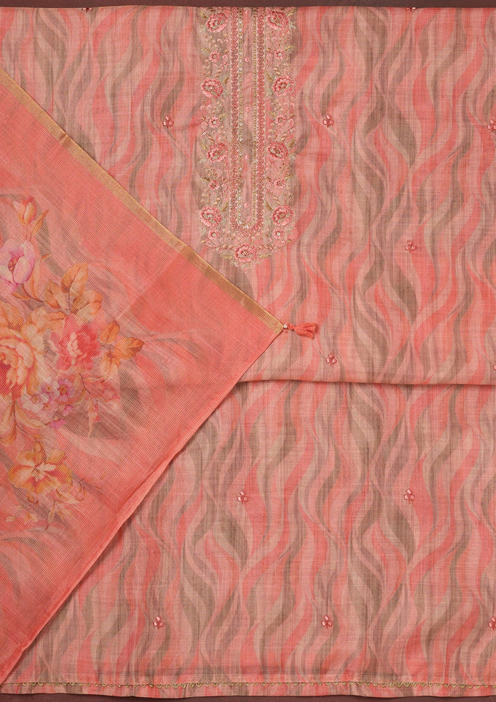 Peach Threadwork Linen Unstitched Salwar Suit-koskii