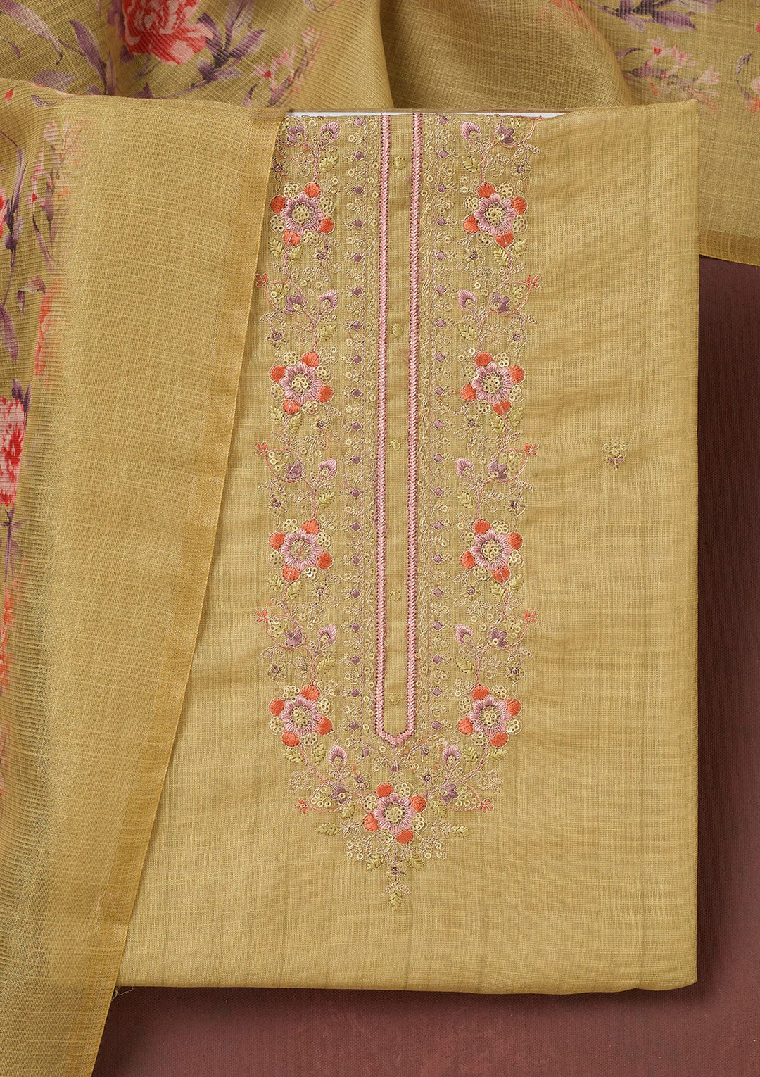 Gold Zariwork (Gold) Linen Unstitched Salwar Suit-koskii