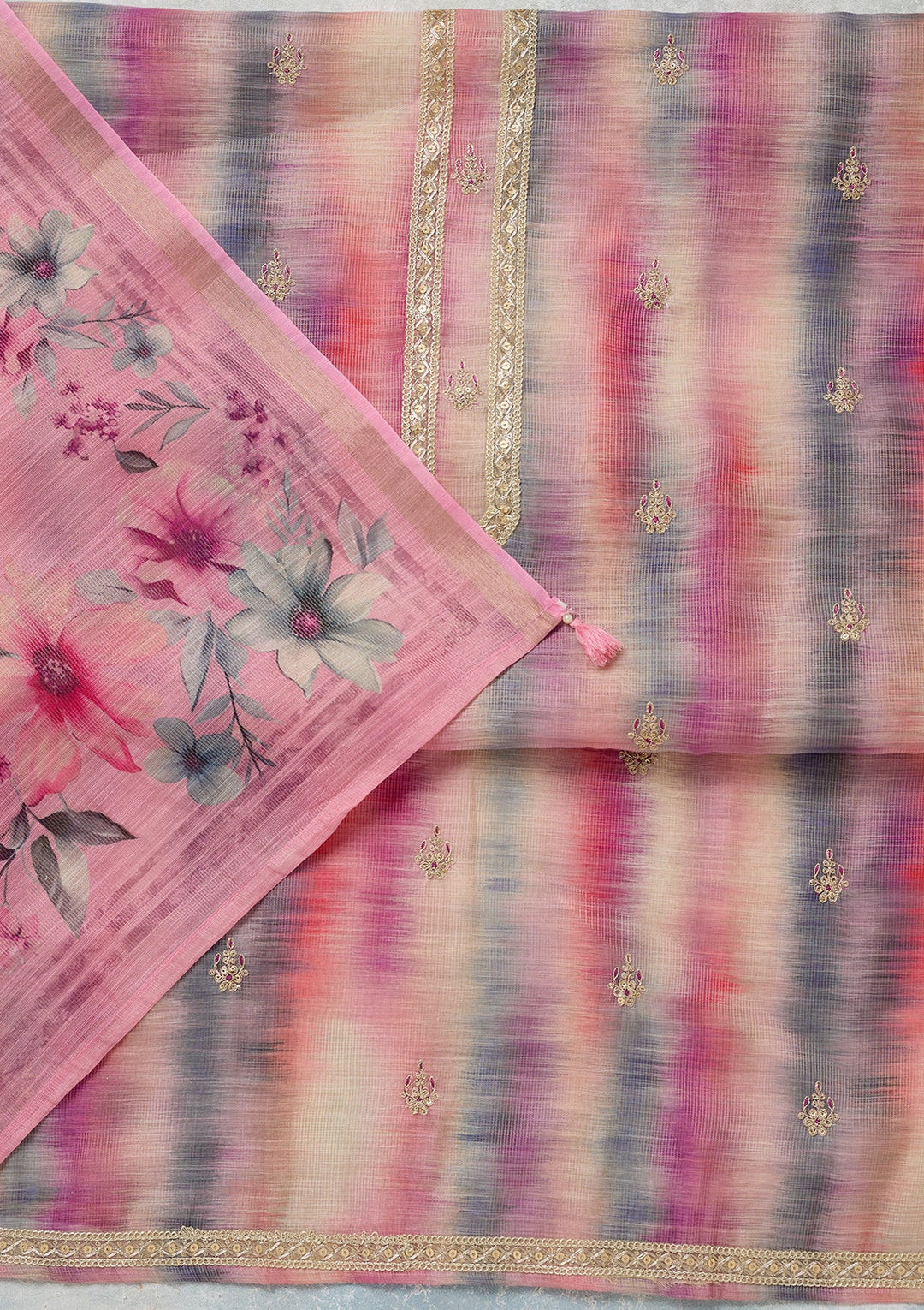 Multi Zariwork (Gold) Chanderi Unstitched Salwar Suit-Koskii