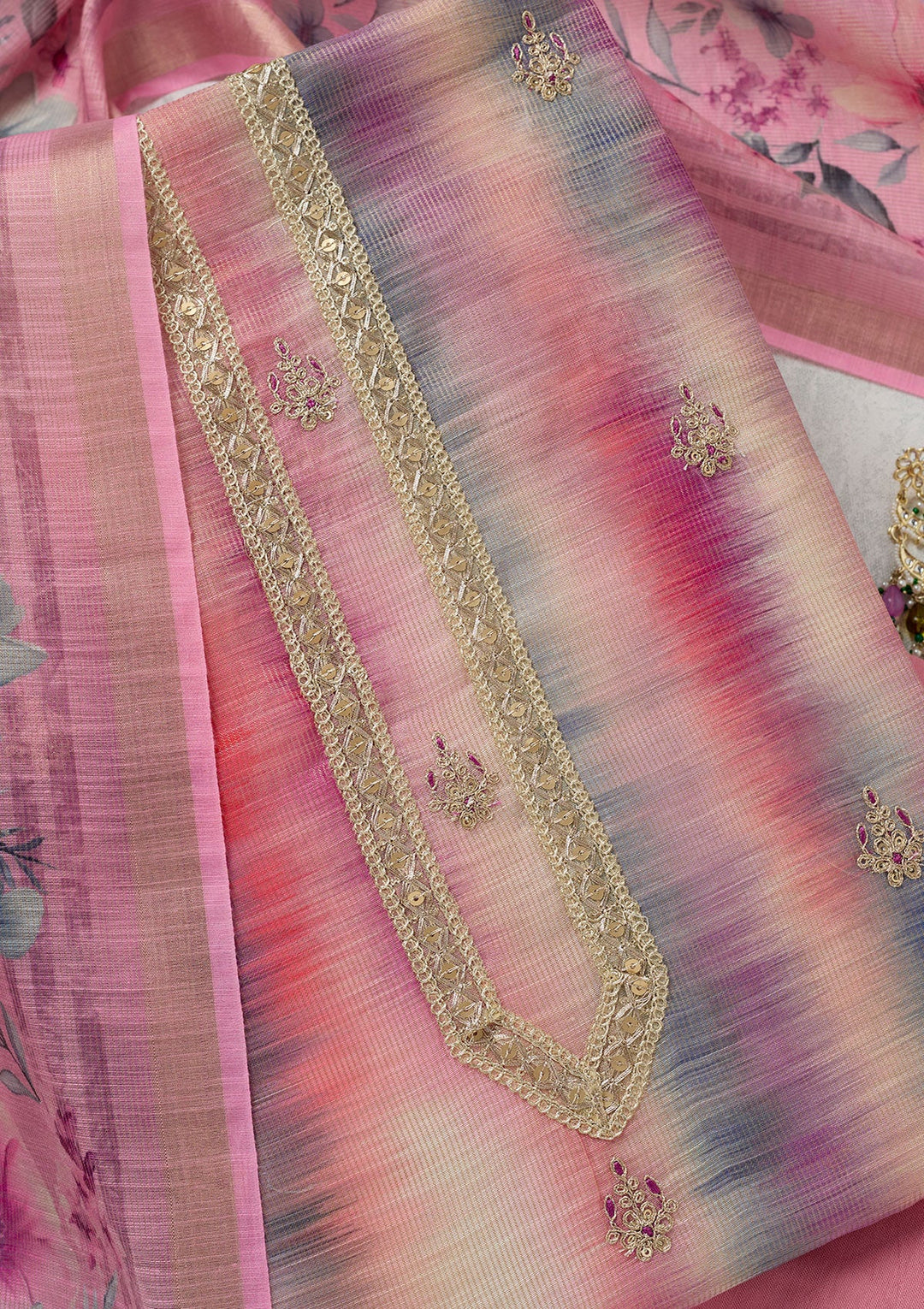 Multi Zariwork (Gold) Chanderi Unstitched Salwar Suit-Koskii