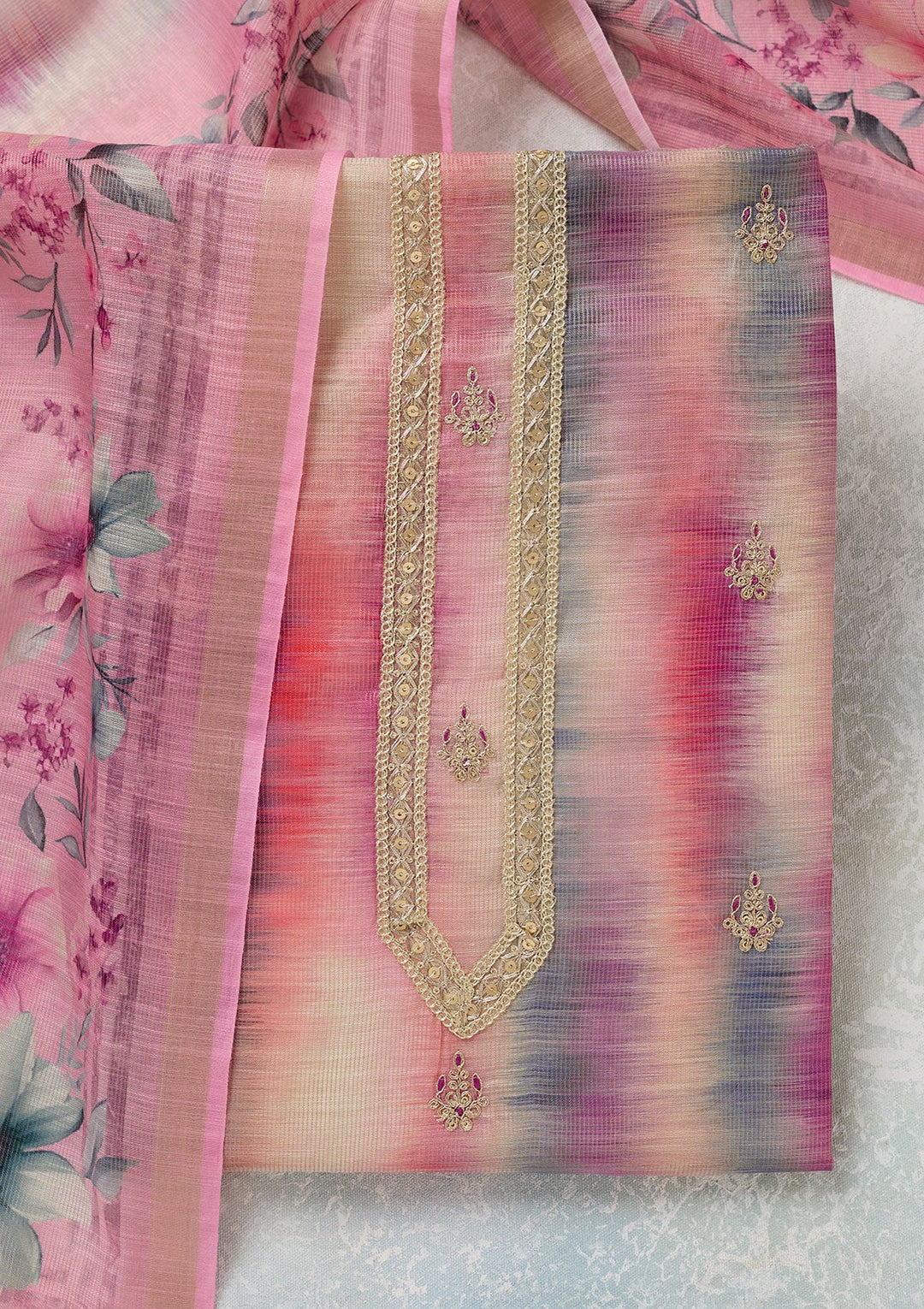 Multi Zariwork (Gold) Chanderi Unstitched Salwar Suit-Koskii