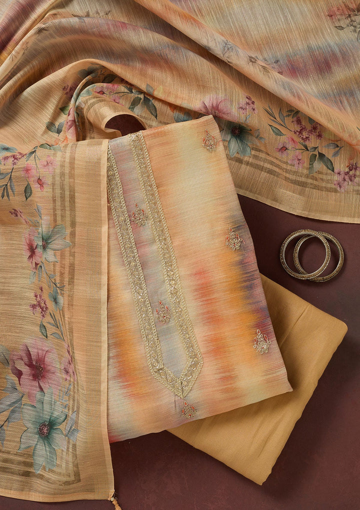 Multi Zariwork (Gold) Linen Unstitched Salwar Suit-koskii