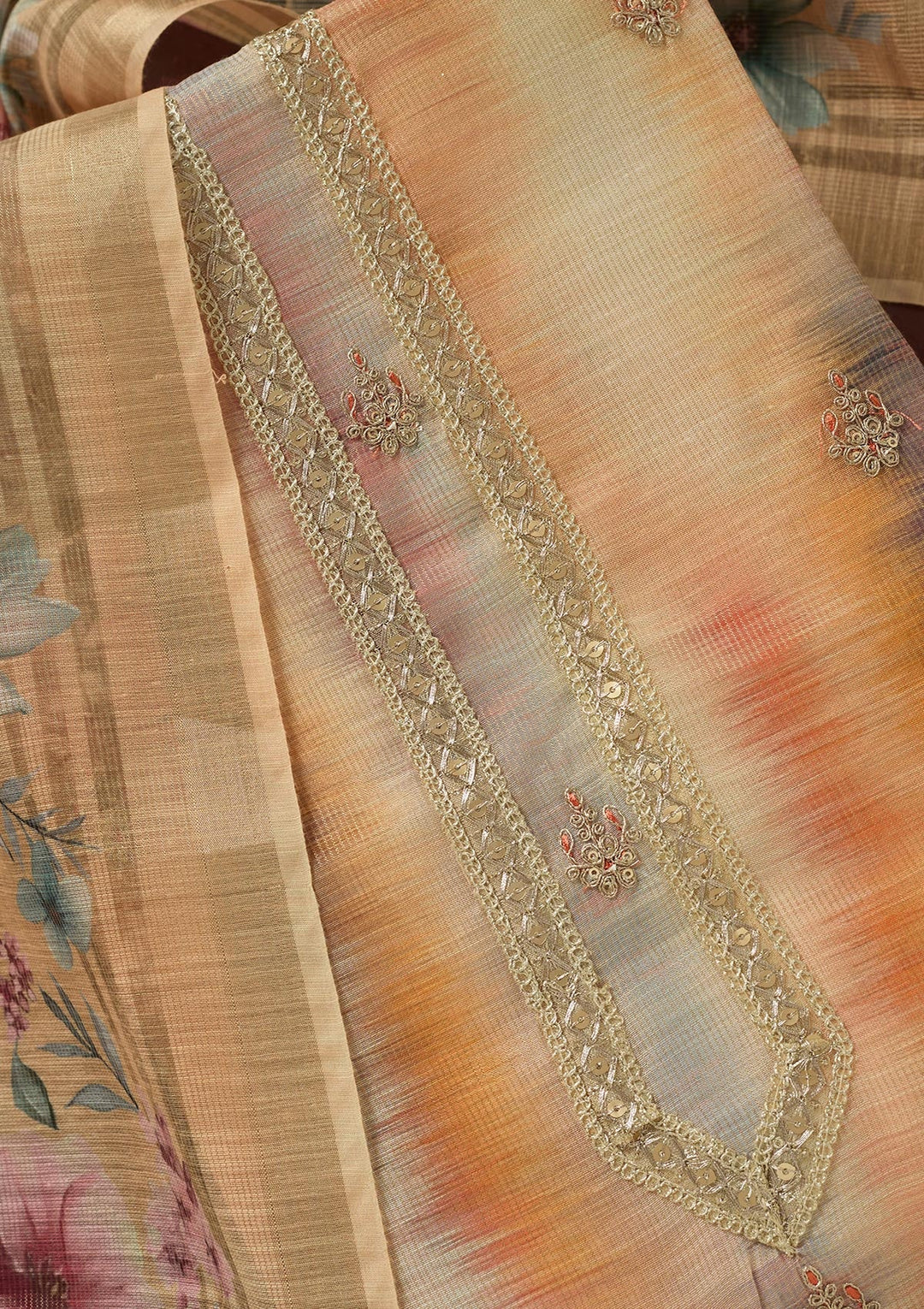 Multi Zariwork (Gold) Linen Unstitched Salwar Suit-koskii