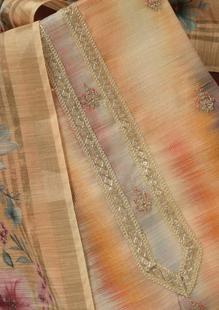 Multi Zariwork (Gold) Linen Unstitched Salwar Suit-koskii