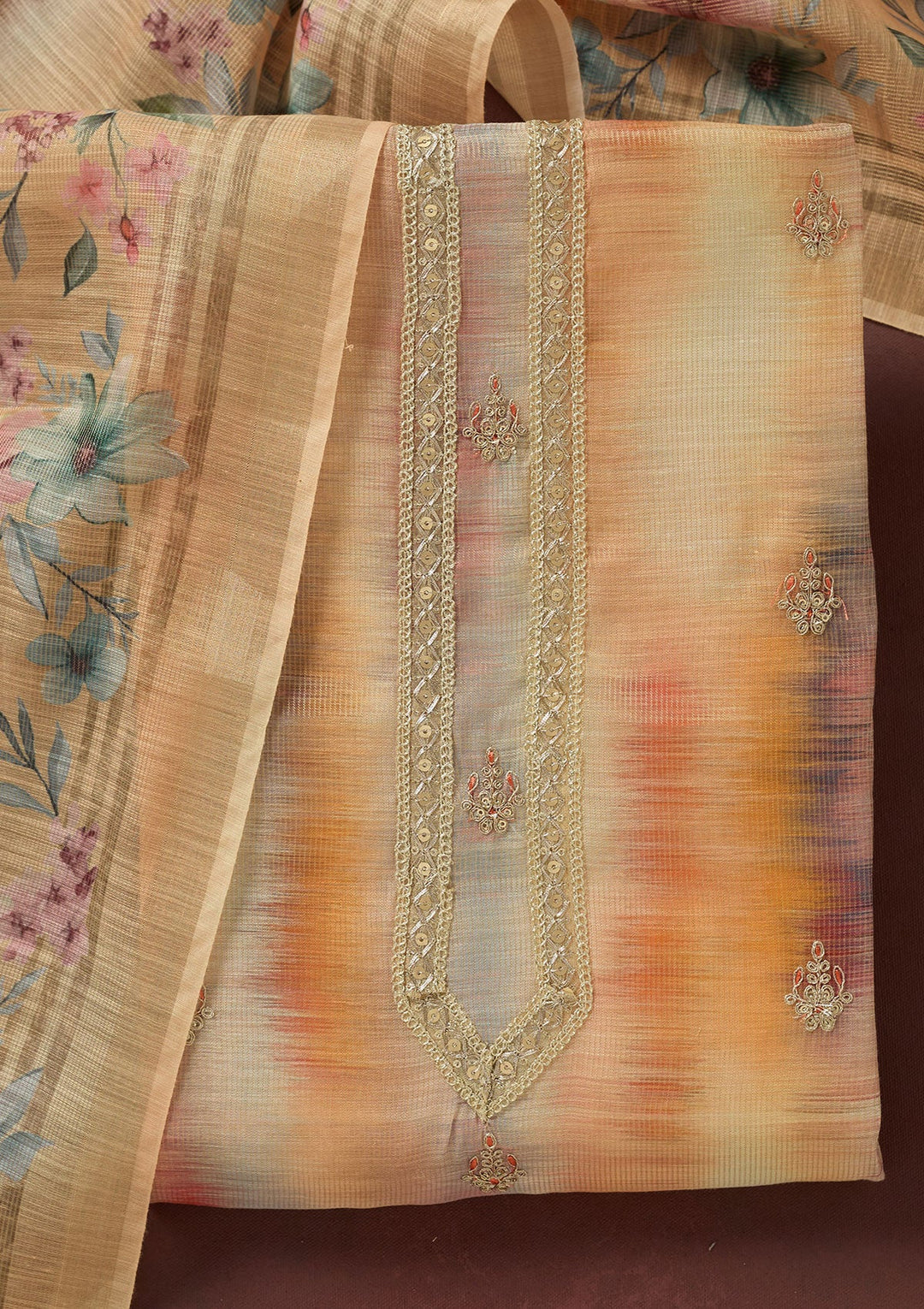 Multi Zariwork (Gold) Linen Unstitched Salwar Suit-koskii