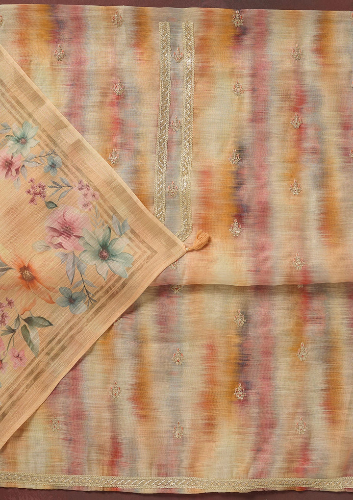 Multi Zariwork (Gold) Linen Unstitched Salwar Suit-koskii