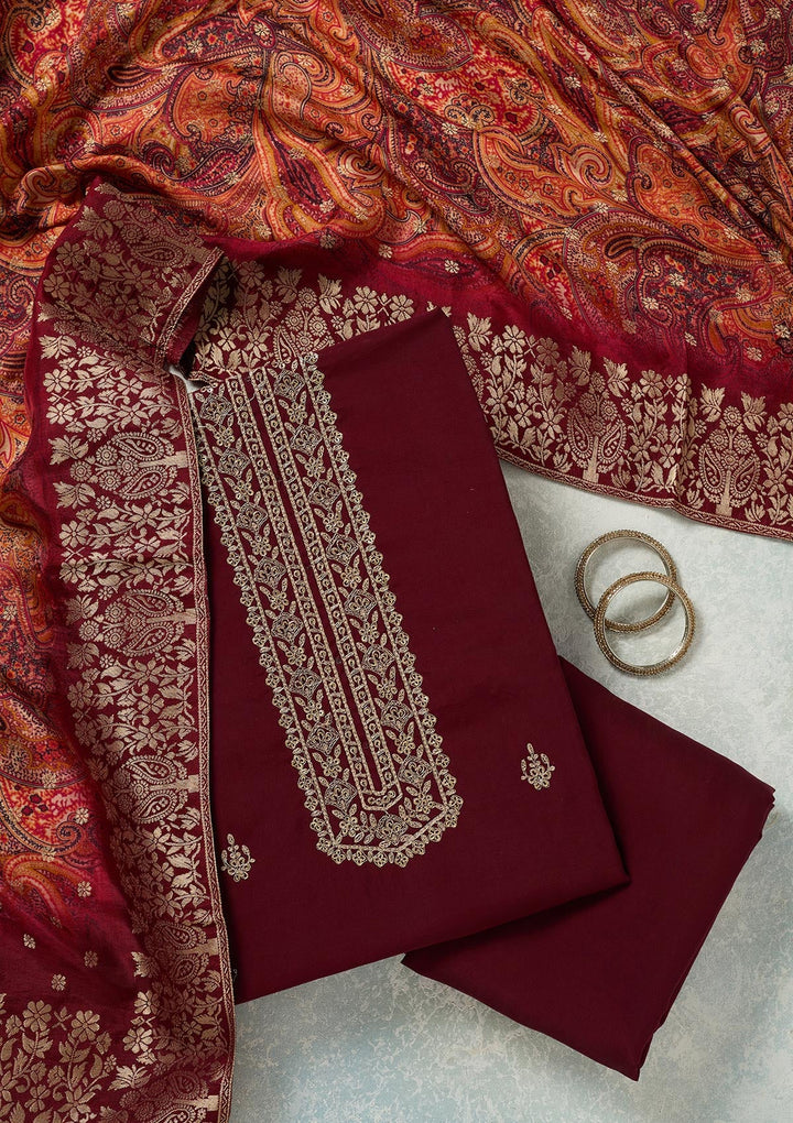 Maroon Threadwork Dola Silk Unstitched Salwar Suit-koskii