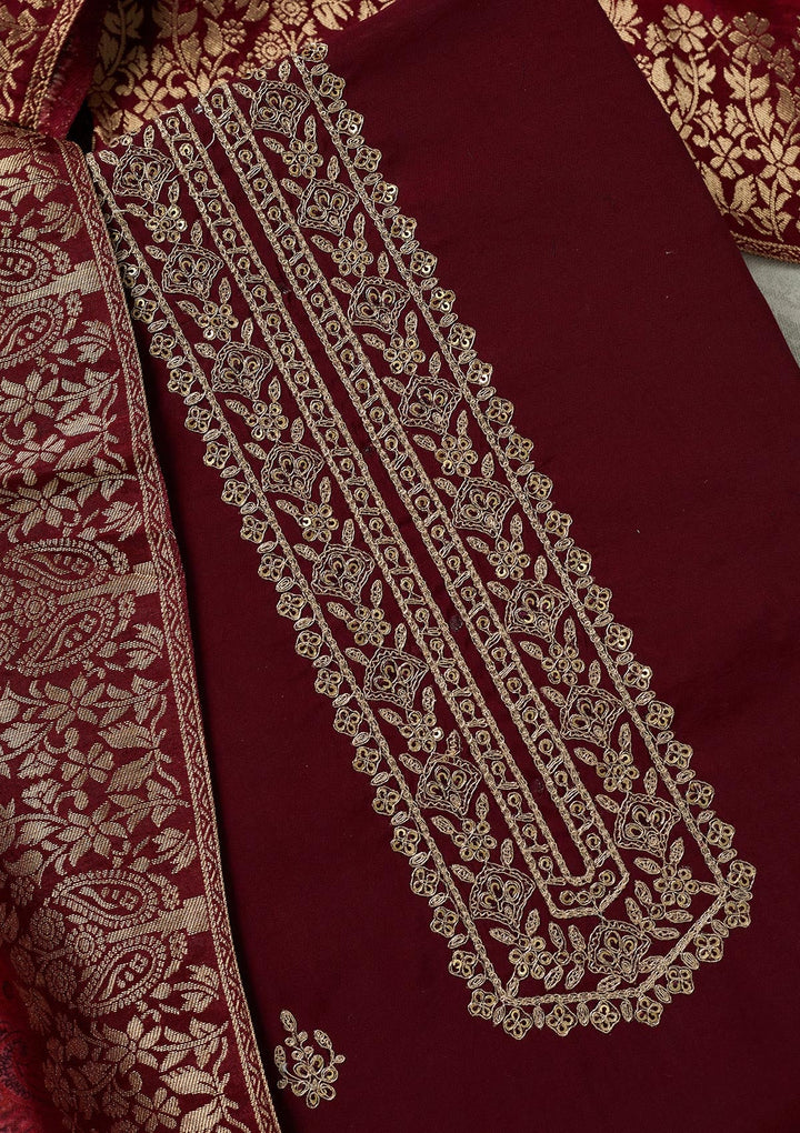 Maroon Threadwork Dola Silk Unstitched Salwar Suit-koskii