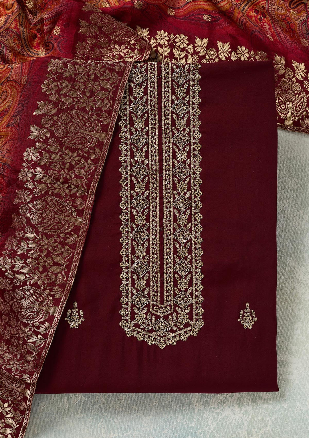 Maroon Threadwork Dola Silk Unstitched Salwar Suit-koskii
